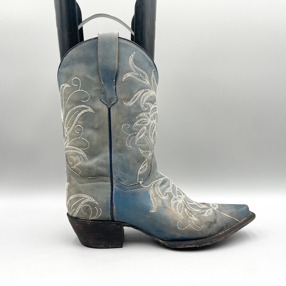 Dan Post Womens 9M Nora Blue Leaf Stitch Distressed Leather Western Cowboy Boots